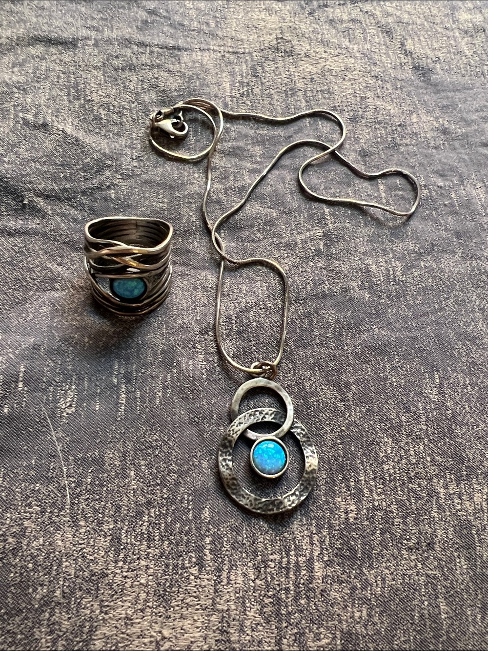 Shablool Blue Opal Pendant Necklace and Ring Set